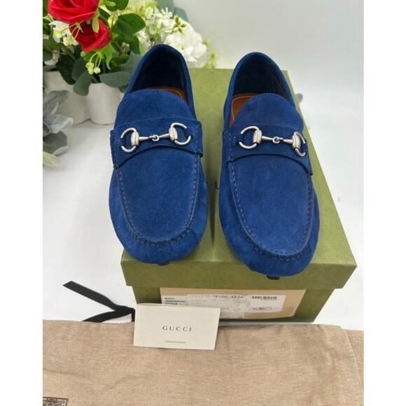 Men\'s Gucci horse bit blue suede loafers size 7 fits 7.5 US made in Italy main image 10
